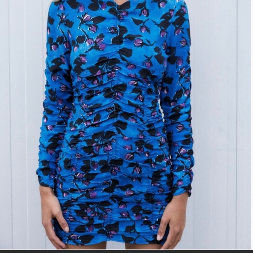 Zara Blue Draped Print Floral Mini Ruched Dress